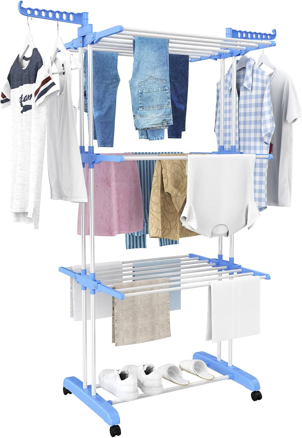 Airer Clothes Drying Rack,4-Tier Foldable Clothes Hanger Adjustable Large Stainless Steel Garment Laundry Racks for Indoor Outdoor