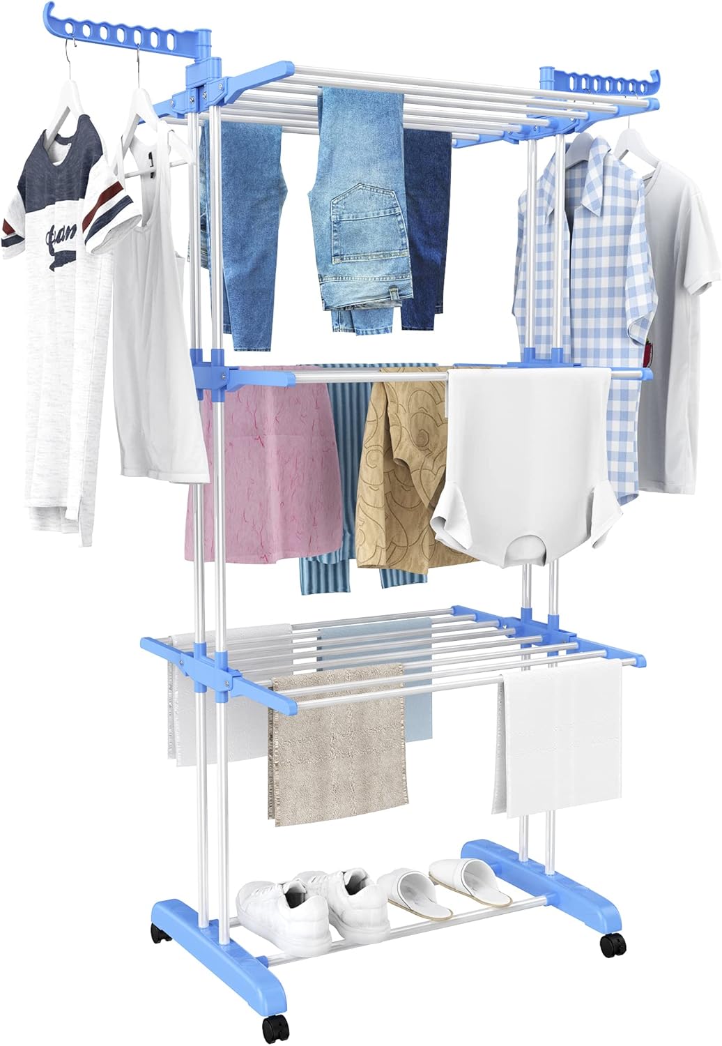 Airer Clothes Drying Rack,4-Tier Foldable Clothes Hanger Adjustable Large Stainless Steel Garment Laundry Racks for Indoor Outdoor