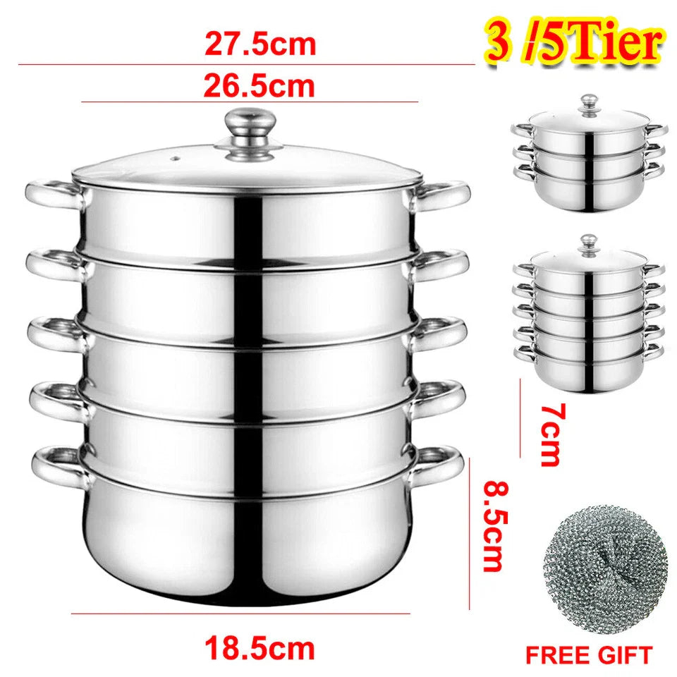 28cm Stainless Steel 3/5-Tier Steamer Pot